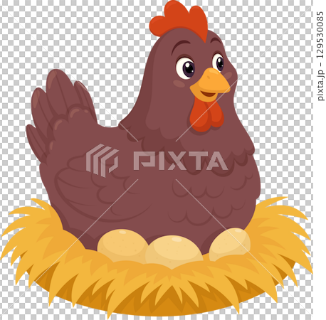 Hen sitting on nest with eggs. Illustration of nesting hen on a transparent background. 129530085