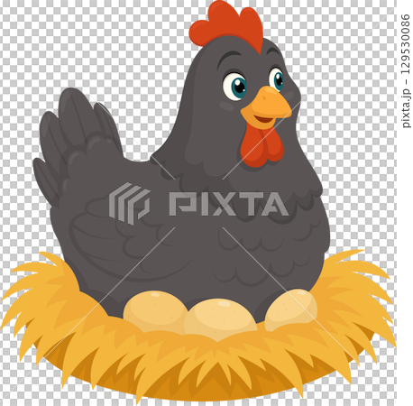 Hen sitting on a nest of eggs. Cartoon illustration of a mother hen protecting her eggs. 129530086