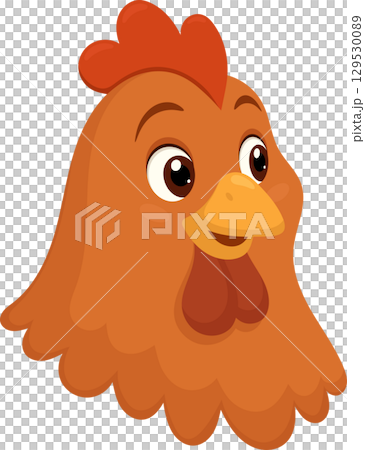 Cartoon chicken head with orange plumage, a red comb, and a yellow beak, isolated on black background. 129530089