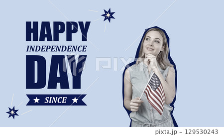 Celebrating Independence Day with a woman holding a small flag in a festive setting 129530243