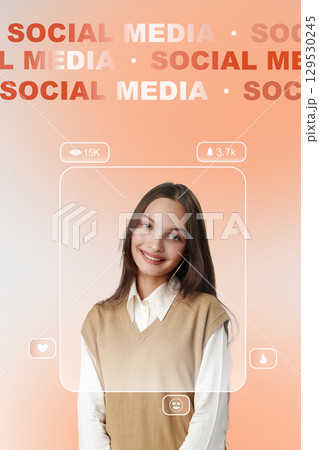 Young Woman Wearing a Brown V-Neck Sweater Vest Over a White Shirt and Beige Pants Young Woman Wearing a Brown V-Neck Sweater Vest Over a White Shirt and Beige Pants 129530245