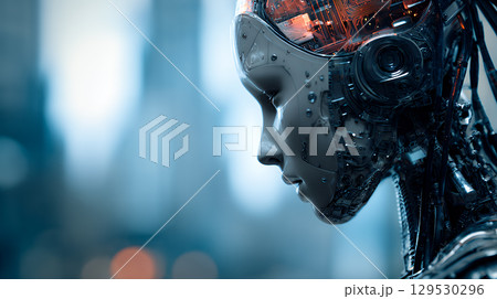 futuristic humanoid robot, checking a car engine 129530296