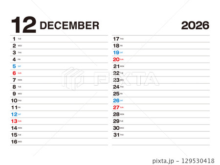 予定が書込み可能な2026年12月のカレンダー 予定が書込み可能な2026年12月のカレンダー 129530418