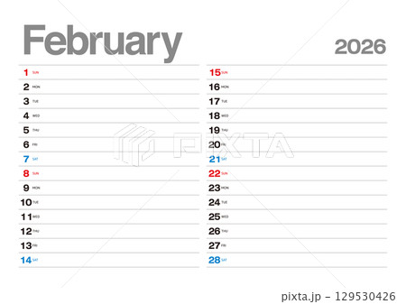 予定が書込み可能な2026年2月のカレンダー 予定が書込み可能な2026年2月のカレンダー 129530426