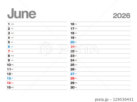 予定が書込み可能な2026年6月のカレンダー 129530431