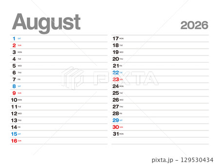 予定が書込み可能な2026年8月のカレンダー 予定が書込み可能な2026年8月のカレンダー 129530434