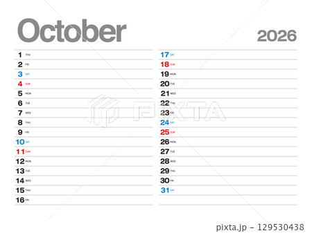 予定が書込み可能な2026年10月のカレンダー 129530438