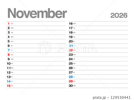 予定が書込み可能な2026年11月のカレンダー 予定が書込み可能な2026年11月のカレンダー 129530441