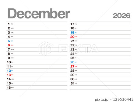 予定が書込み可能な2026年12月のカレンダー 予定が書込み可能な2026年12月のカレンダー 129530443
