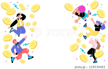 ポップでカラフルな若者たちの楽しいイラスト|コイン・ダンス・ジャンプ ポップでカラフルな若者たちの楽しいイラスト|コイン・ダンス・ジャンプ 129530481