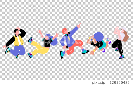Pop and colorful fun illustrations of young people dancing and jumping 129530483