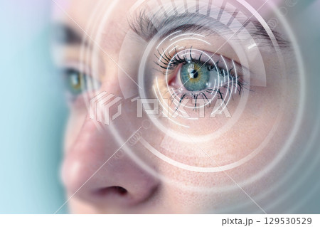Close-up view of a person's eye with digital overlay indicating technology and vision enhancement concepts Close-up view of a person's eye with digital overlay indicating technology and vision enhancement concepts 129530529