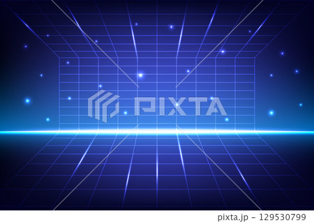 Futuristic Wireframe Grid Background with Glowing Light Dark Blue Gradient 129530799
