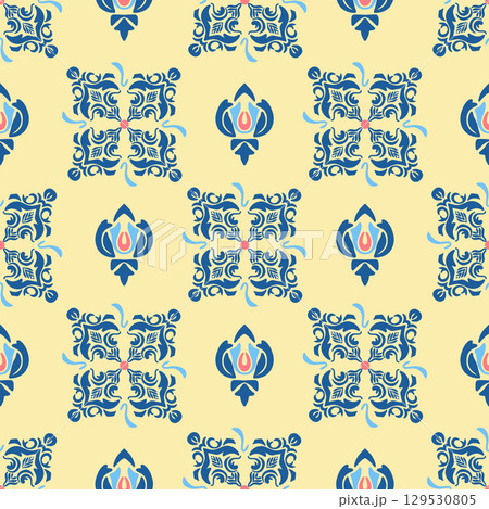 Elegant vintage damask design with blue ornamental motifs in a repeating seamless pattern, Perfect for fabric, wallpaper and decor Elegant vintage damask design with blue ornamental motifs in a repeating seamless pattern, Perfect for fabric, wallpaper and decor 129530805