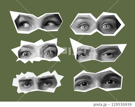Different expressions of surprise and curiosity shown through various eyes on a textured green background Different expressions of surprise and curiosity shown through various eyes on a textured green background 129530939