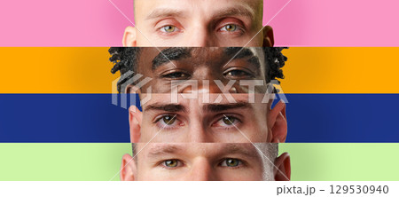Diverse group of individuals expressing unity through artful facial collage in bright colors 129530940