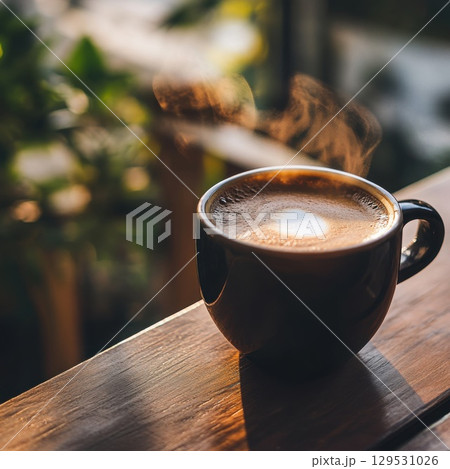 Steaming coffee cup on wooden table in sunlight. 129531026