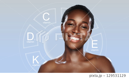 Smiling woman showcasing skincare benefits of vitamins C, D, E, and K in a minimalist setting 129531129