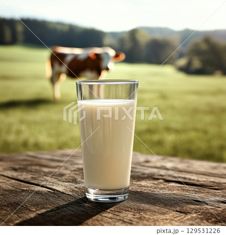concept featuring a clean, crystal-clear glass filled with fresh milk, placed on a rustic wooden table concept featuring a clean, crystal-clear glass filled with fresh milk, placed on a rustic wooden table 129531226
