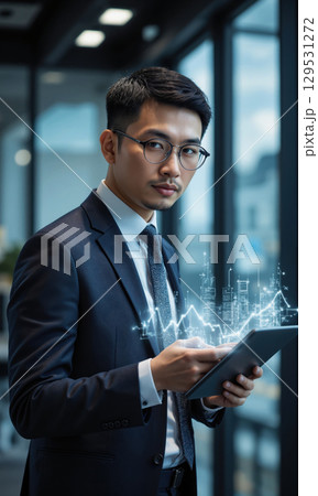 Asian male professional with neatly combed hair and glasses, looking thoughtfully at the camera while holding a tablet with holographic 129531272