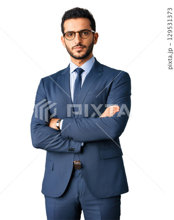 Confident Middle Eastern man with glasses, crossed arms, direct eye contact, warm lighting, transparent background. Confident Middle Eastern man with glasses, crossed arms, direct eye contact, warm lighting, transparent background. 129531373