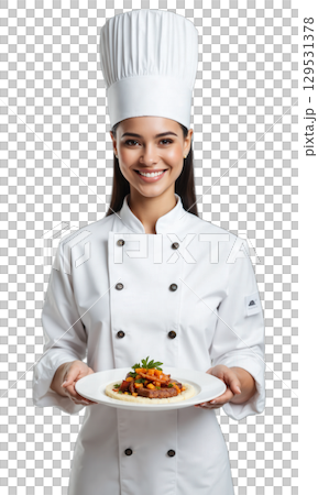 Chef presenting food Smiling female chef with toque hat presenting a gourmet dish on a white background 129531378