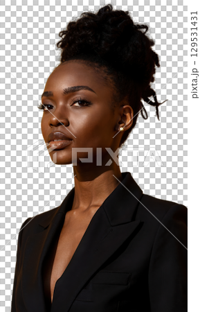 A Black woman with natural hair and sharp business attire, her direct gaze reflecting confidence, while soft golden light around 129531431
