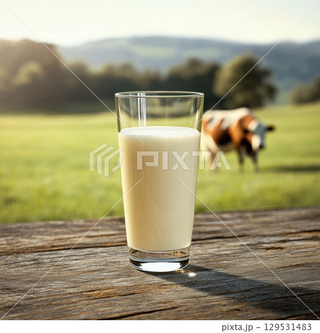 Glass of milk on a green meadow with cow in the background 129531483