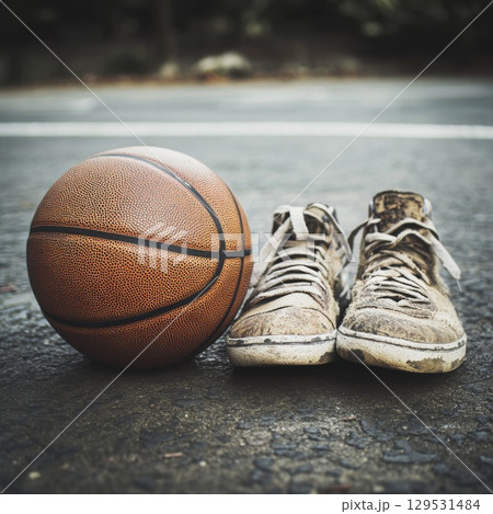 a basketball with tattered old sneakers on the court. 129531484