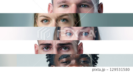 Diverse group of individuals with striking blue eyes showcasing unity and connection 129531580