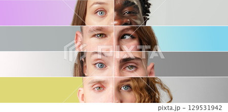 Diverse array of human eyes showcasing a spectrum of colors and features on a neutral background with vibrant gradients Diverse array of human eyes showcasing a spectrum of colors and features on a neutral background with vibrant gradients 129531942