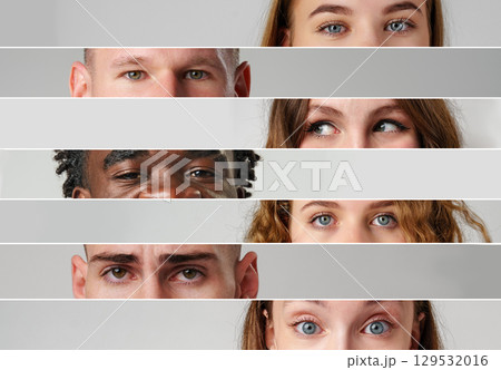 Diverse group of individuals expressing emotions in a creative visual layout featuring close-up eye shots against a minimalistic background 129532016