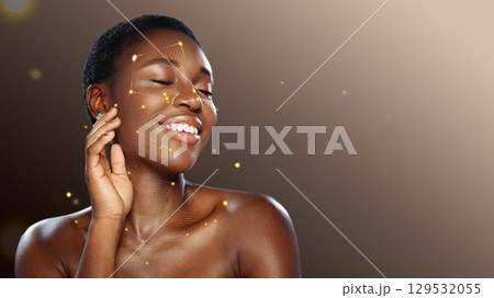 Portrait of a smiling young woman with glowing skin and beauty stars in a serene background Portrait of a smiling young woman with glowing skin and beauty stars in a serene background 129532055