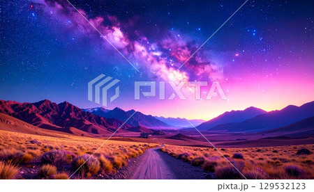 一本の道と大空に広がる天の川(16:9横長バナー) 129532123