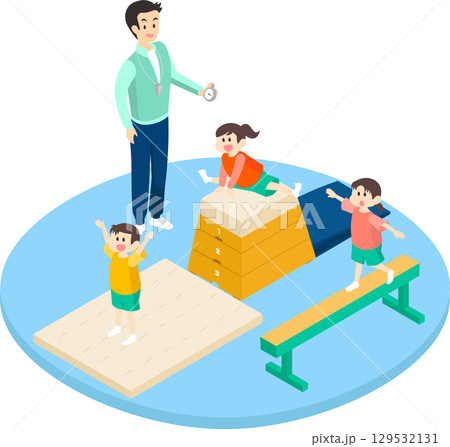 楽しく運動する子供たちと男性の先生のイメージイラスト 129532131
