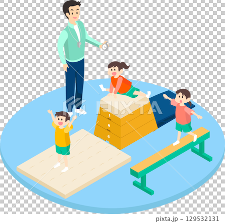 Illustration of children having fun exercising and a male teacher 129532131