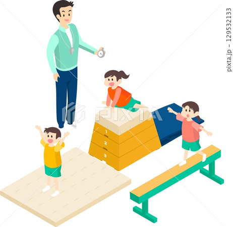 楽しく運動する子供たちと男性の先生のイメージイラスト 129532133