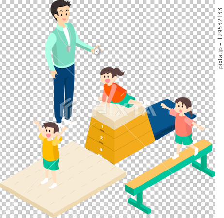 Illustration of children having fun exercising and a male teacher 129532133