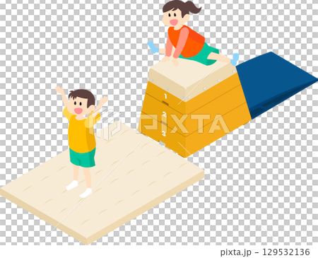 男孩和女孩玩跳馬箱的插圖 129532136