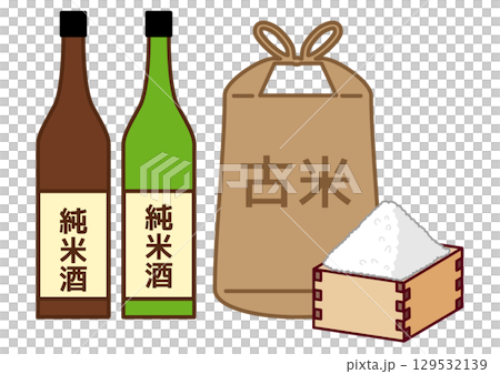 裝有純米酒的酒瓶、裝有陳米的米袋和裝在木盒裡的米 129532139