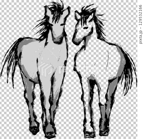 Sumi-e illustration of two standing horses 129532166