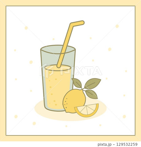 Minimal flat illustration of a whole lemon, half lemon, and glass of fresh juice. Bright yellow fruit art for summer drinks, kitchen prints, and healthy lifestyle concepts. 129532259