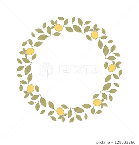 Decorative round frame made of lemons and green leaves on a white background. Perfect for invitations, summer designs, natural product labels, and seasonal greeting cards. 129532260