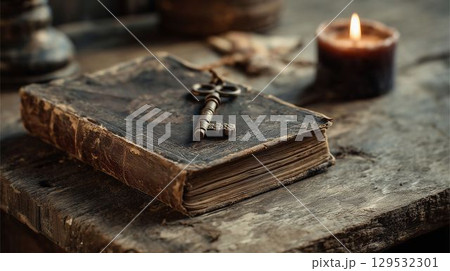 魔法の書と古びた鍵の静物 129532301