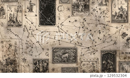 タロットと星座が描かれた古地図風背景 タロットと星座が描かれた古地図風背景 129532304