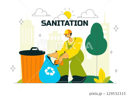 Sanitation Vector Illustration featuring People Cleaning Up Garbage and Disposing of it Properly and Washing Hands with Flat Style Cartoon Background Sanitation Vector Illustration featuring People Cleaning Up Garbage and Disposing of it Properly and Washing Hands with Flat Style Cartoon Background 129532315