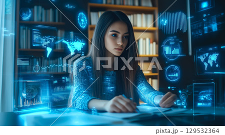 A woman uses a holographic screen display. The concept of futuristic technology, digital interaction, and innovation. Generative AI. 129532364