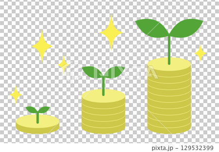A young leaf grows bigger and bigger on top of a pile of coins 129532399