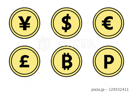 さまざまな通貨をイメージしたコインのシンプルなイラストセット さまざまな通貨をイメージしたコインのシンプルなイラストセット 129532411