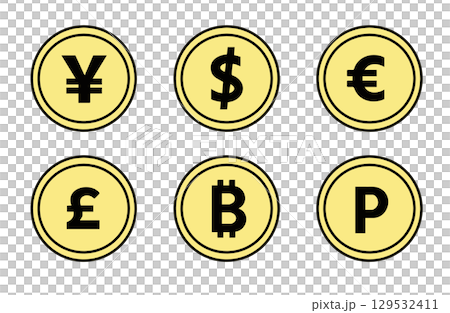 さまざまな通貨をイメージしたコインのシンプルなイラストセット さまざまな通貨をイメージしたコインのシンプルなイラストセット 129532411
